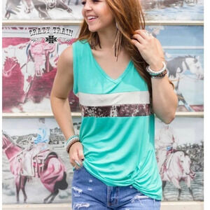 COPY - NWT Crazy Train western cow hair print & teal sleeveless top size medium